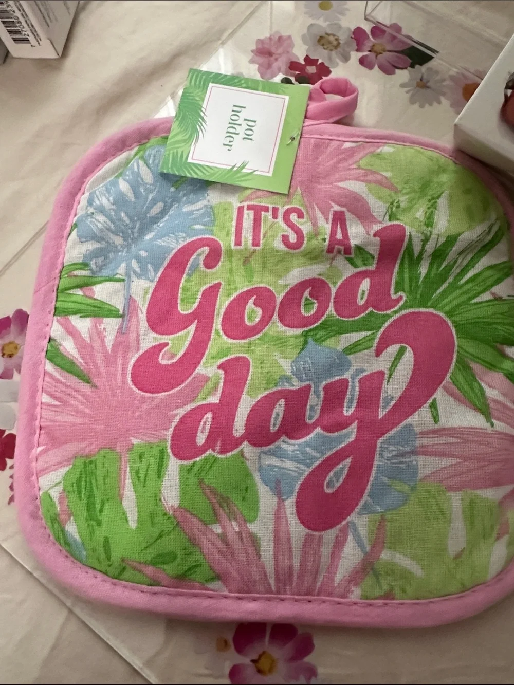 Bright Pink 'It's a Good Day' Oven Mitt / Pot Holder with 3 sets of egg openers